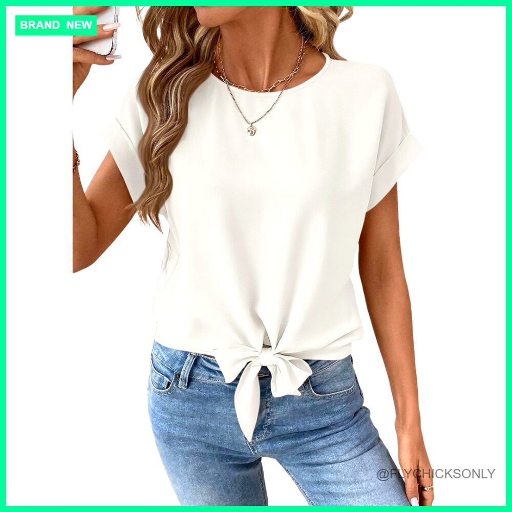 Short Sleeve Blouse with Bow Knot Hem, Loose Fit Polyester Top